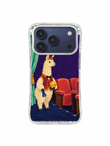 Cream llama beside an empty row of coral theater seats on an iPhone 17 Pro case