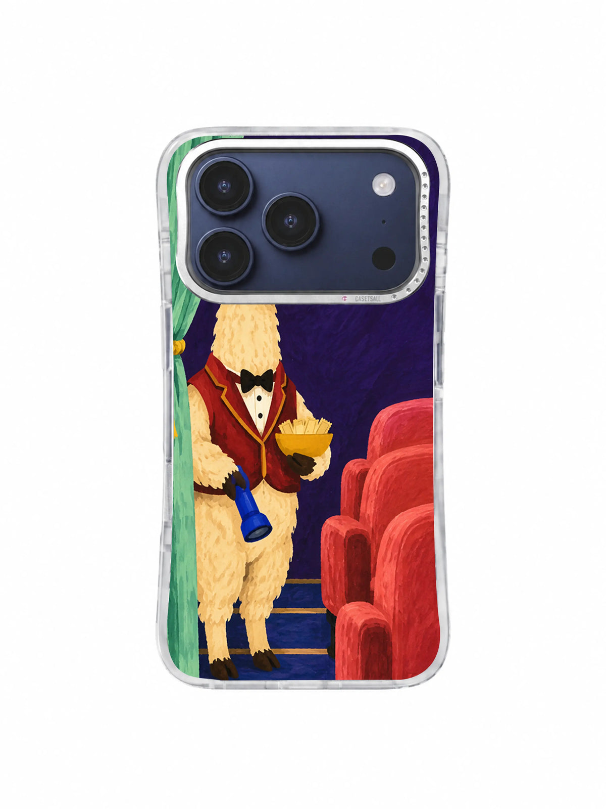 Llama waiting by mint curtain folds before a performance on an iPhone 17 Pro case