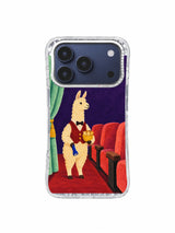 Patient llama usher holding a cobalt flashlight downward on an iPhone 17 Pro case