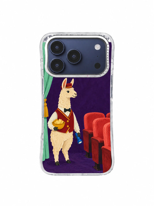 Cream llama usher waiting beside a mint curtain and coral cinema seats on an iPhone 17 Pro case
