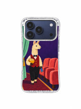Llama cinema usher carrying a mustard ticket bowl on an iPhone 17 Pro case