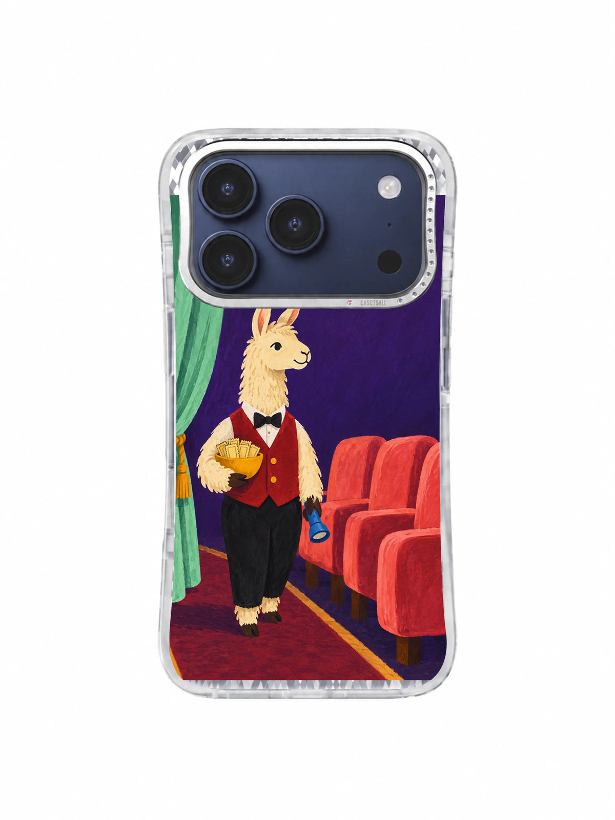 Llama cinema usher carrying a mustard ticket bowl on an iPhone 17 Pro case