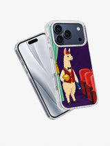 Angled transparent iPhone 17 Pro case with the llama theater usher artwork