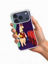 Hand holding a transparent iPhone 17 Pro case with the colorful cinema usher artwork