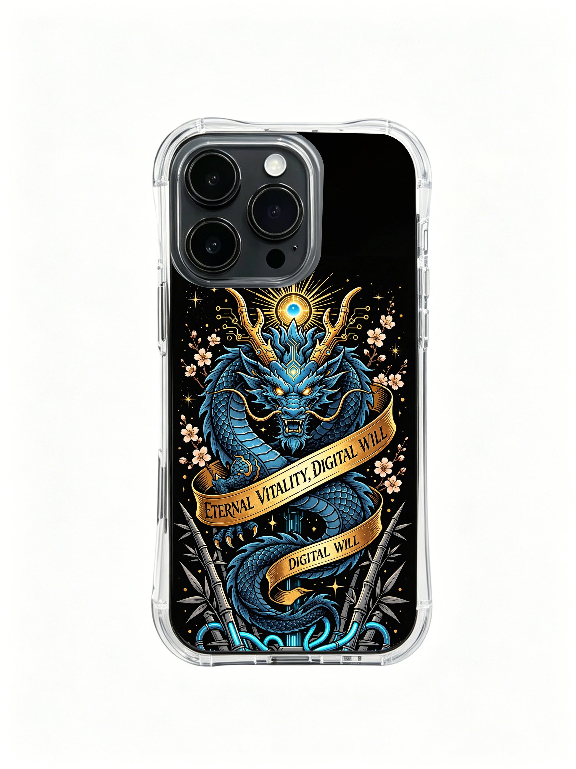 Zara Maya The Cyber Azure Dragon PhoneCasing, streamlined tech bold outline iPhone 14 Plus Case, dark tropical art casing for powerful ladies ruling their own growth rhythm.