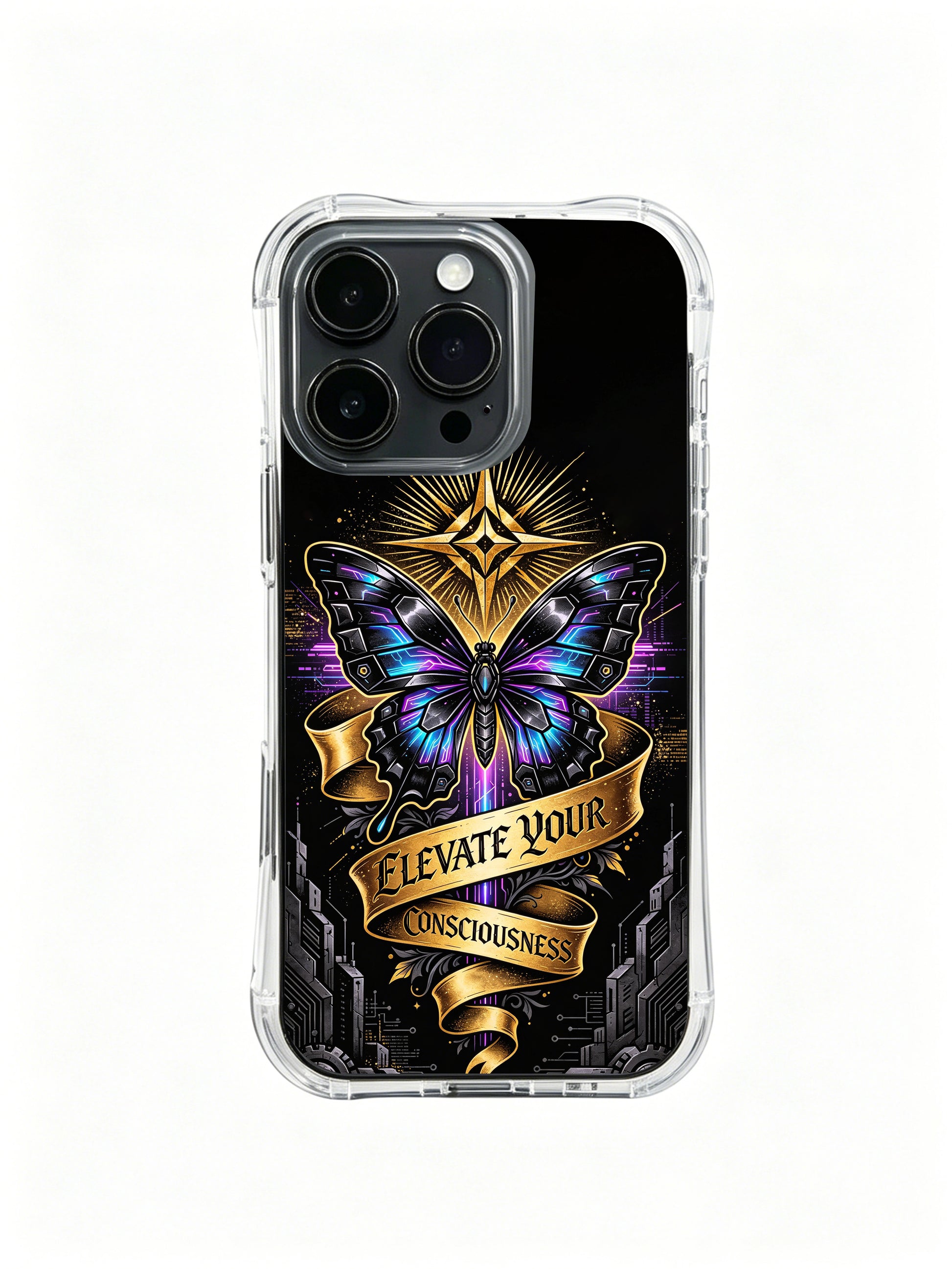 Zara Maya The Cyber Butterfly PhoneCasing, tech structured bold outline iPhone 14 Plus Case, dark tropical art casing for stylish women with cyber soul in digital era.