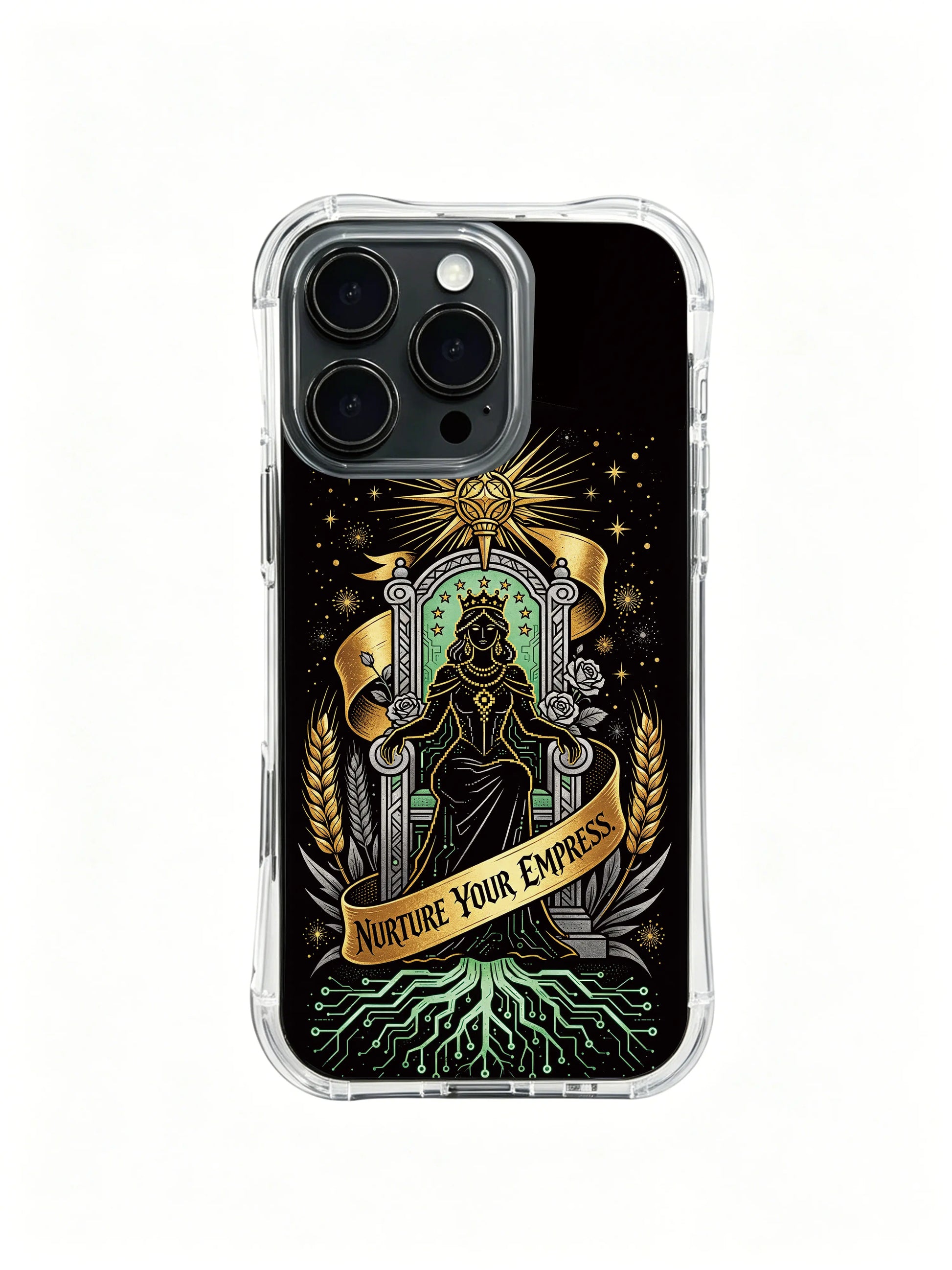 Zara Maya The Cyber Empress PhoneCasing, organic structure hard outline iPhone 14 Plus Case, dark tropical art casing for powerful women who own absolute creation sovereignty.