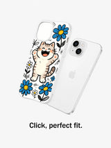 Daisy Cat Parade case shown beside an iPhone 13 in a fit demonstration