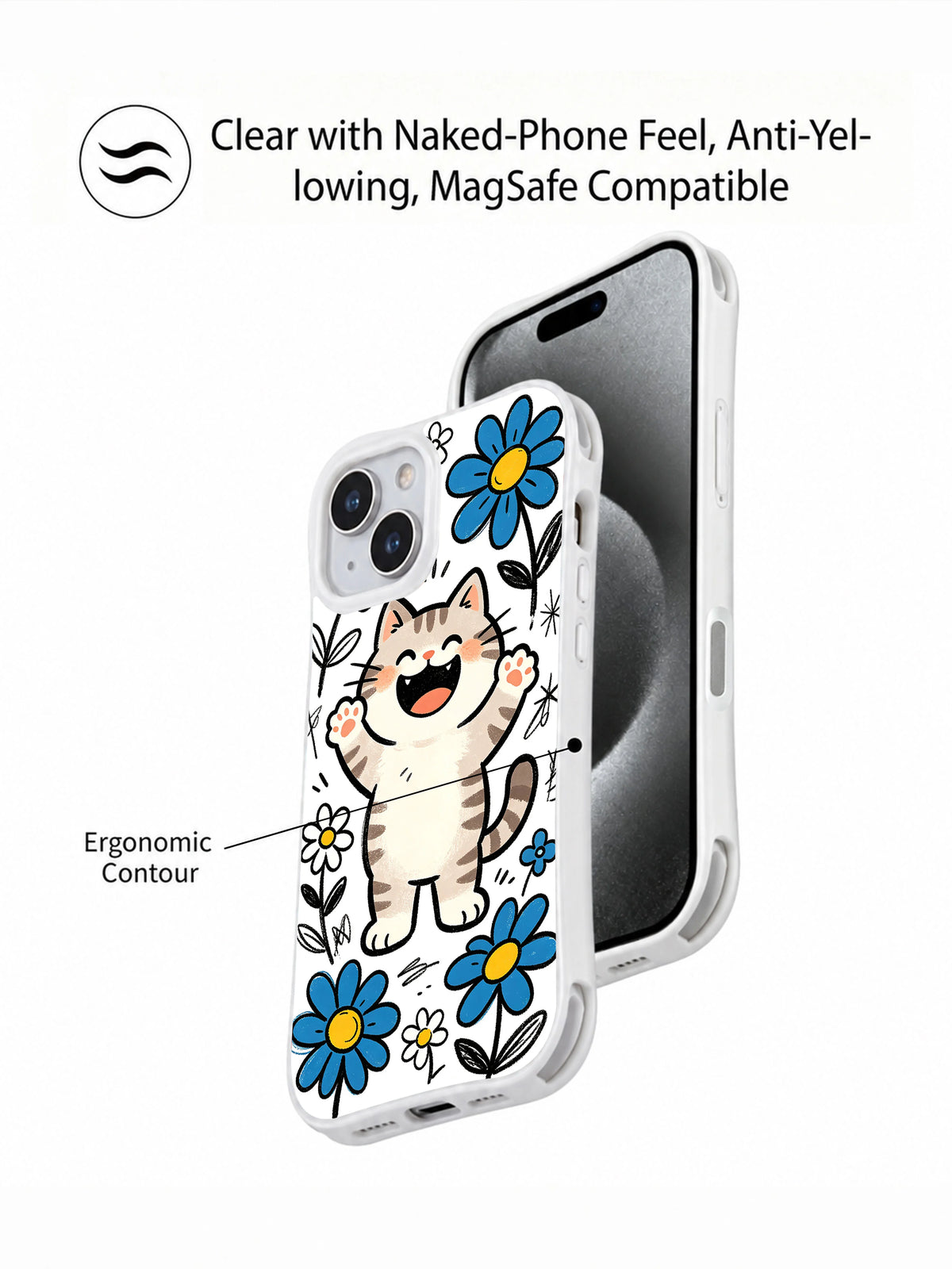Daisy Cat Parade iPhone 13 case shown with clear contour and camera opening details
