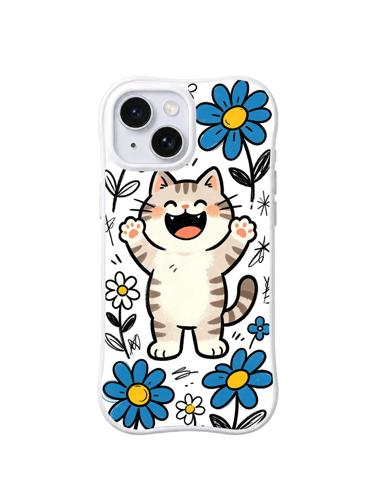Daisy Cat Parade iPhone 13 case with joyful gray tabby raising both paws in a blue daisy garden