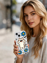Lifestyle view of a woman holding the Daisy Cat Parade iPhone 13 case