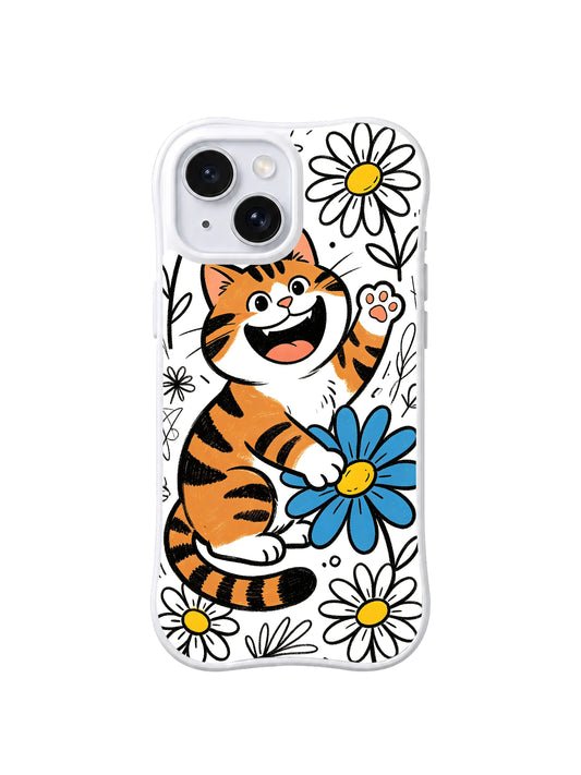 Daisy Cat Parade iPhone 13 case with orange tabby waving among blue and white daisies