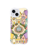 Daisy Fountain Court: A round fountain sits among pastel houses, daisies and small cats.