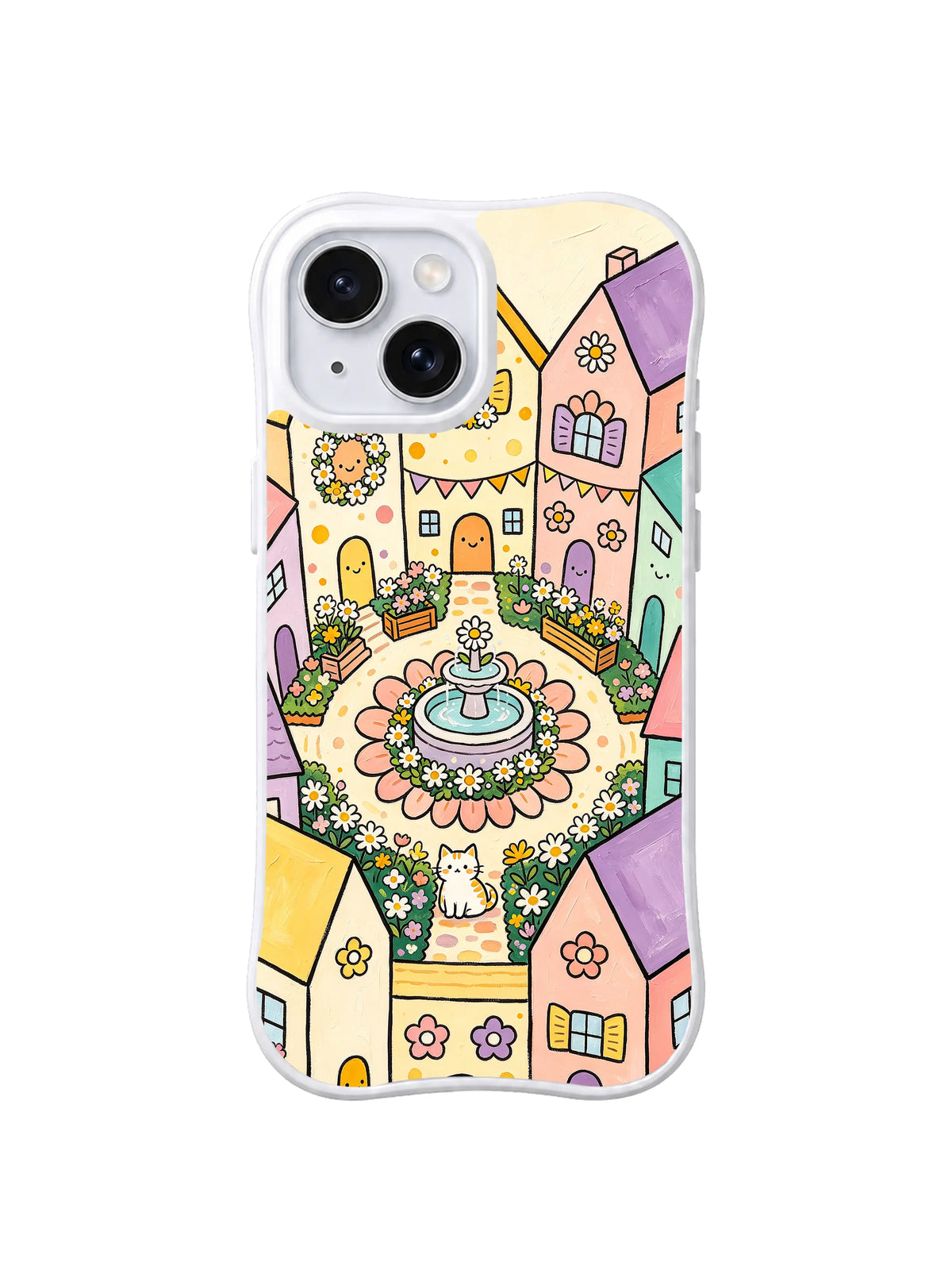 Daisy Fountain Court: A round fountain sits among pastel houses, daisies and small cats.