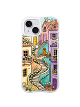 Winding Daisy Stairway: Curved stairs and a blue stream pass colorful houses filled with daisies.