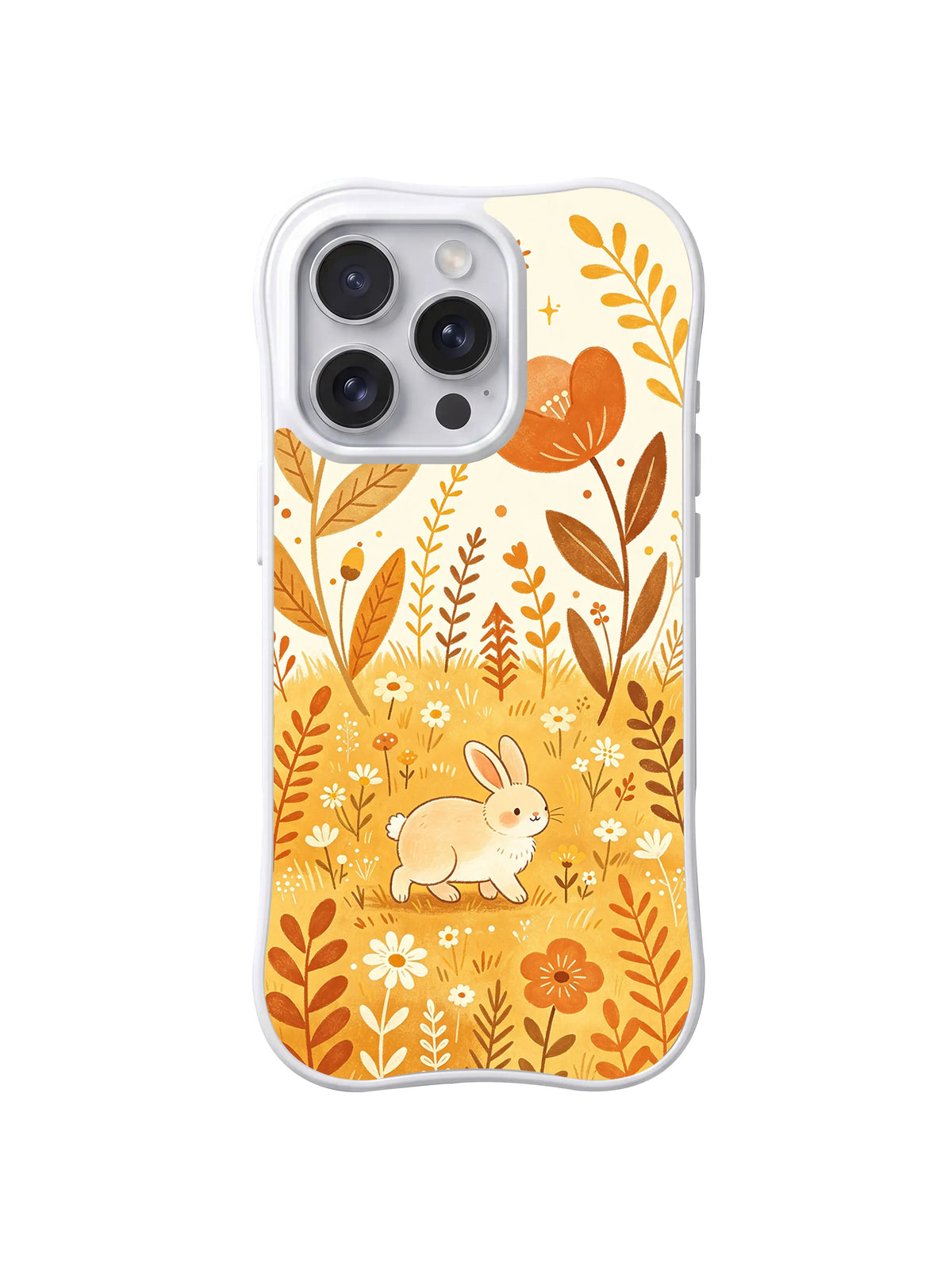 Golden Meadow Rabbit / Daisy Meadow Bunny: A small pale rabbit in an open yellow field with daisylike flowers and large orange leaves.