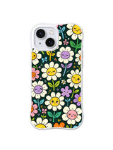 Forest Daisy Greetings: Smiling yellow, white, lavender and pink daisies grow with green leaves on dark teal.