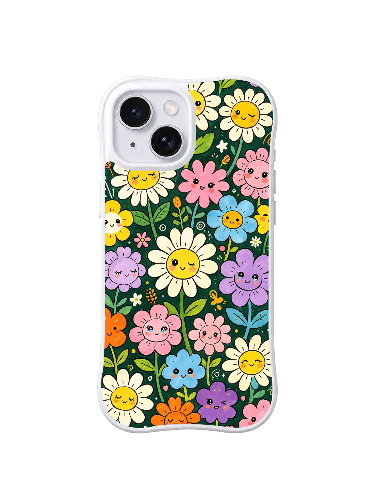 Meadow Wink Celebration: Dense smiling daisies in yellow, pink, purple, blue and orange fill a green meadow.