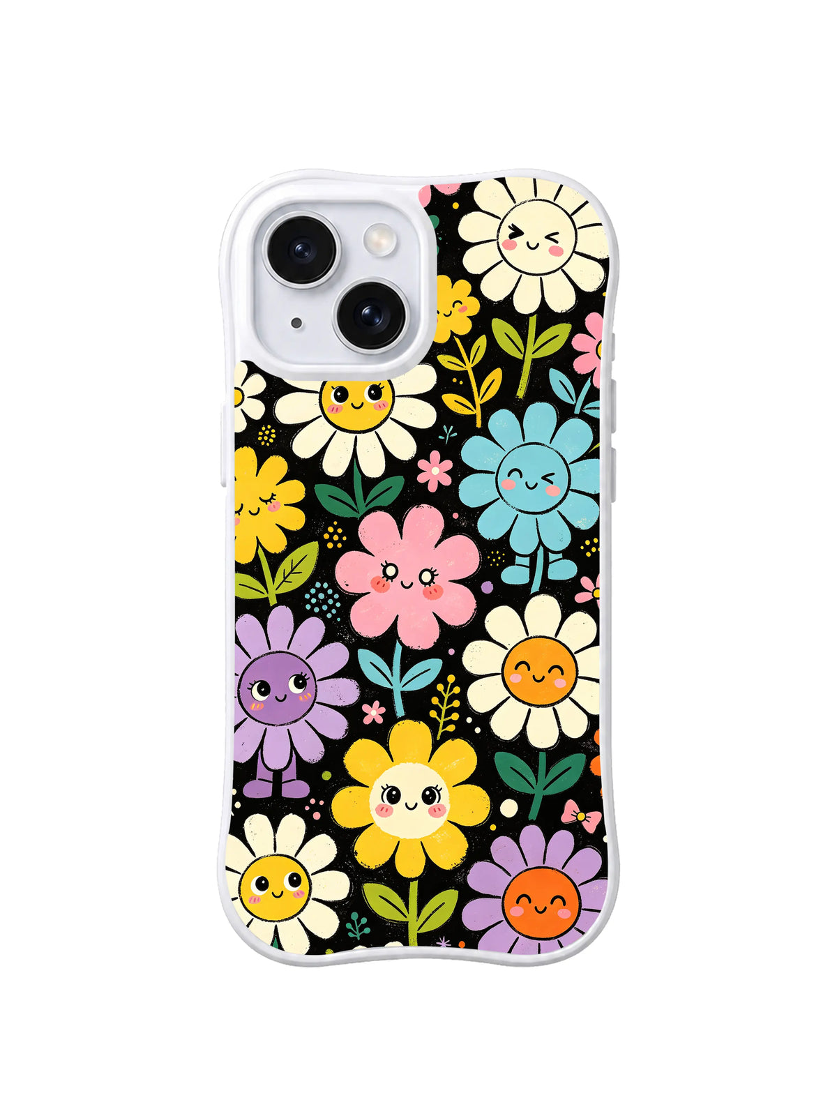 Midnight Daisy Mirrors: Large smiling yellow, purple, blue, coral and cream daisies repeat on black.