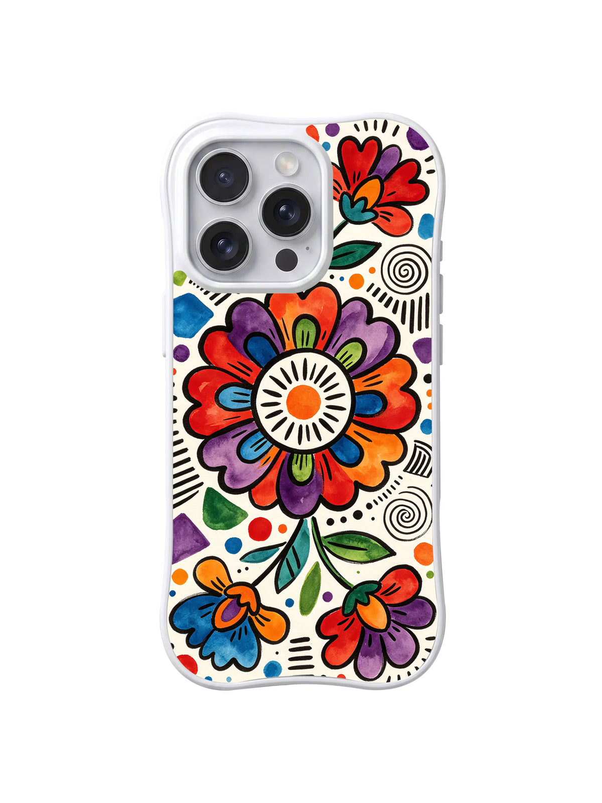 Folk Bloom Universe: Ortalanmış halk sanatı tarzı çiçek parlak çiçekler ve spirallerle çevrilidir.