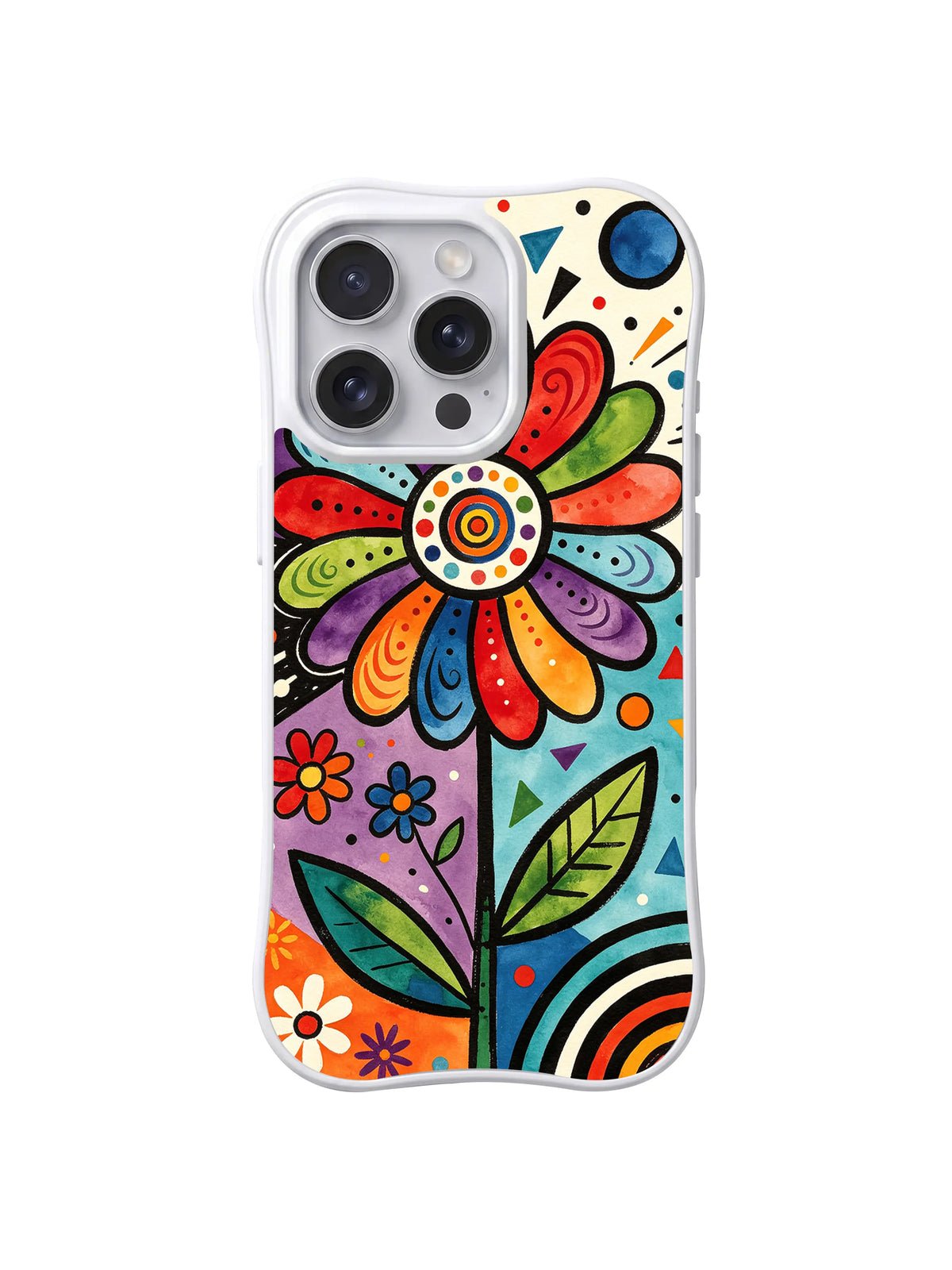 Rainbow Sunflower Rhythm: Büyük gökkuşağı yapraklı çiçek belirgin yapraklar ve geometrik yayların üzerinde yükselir.