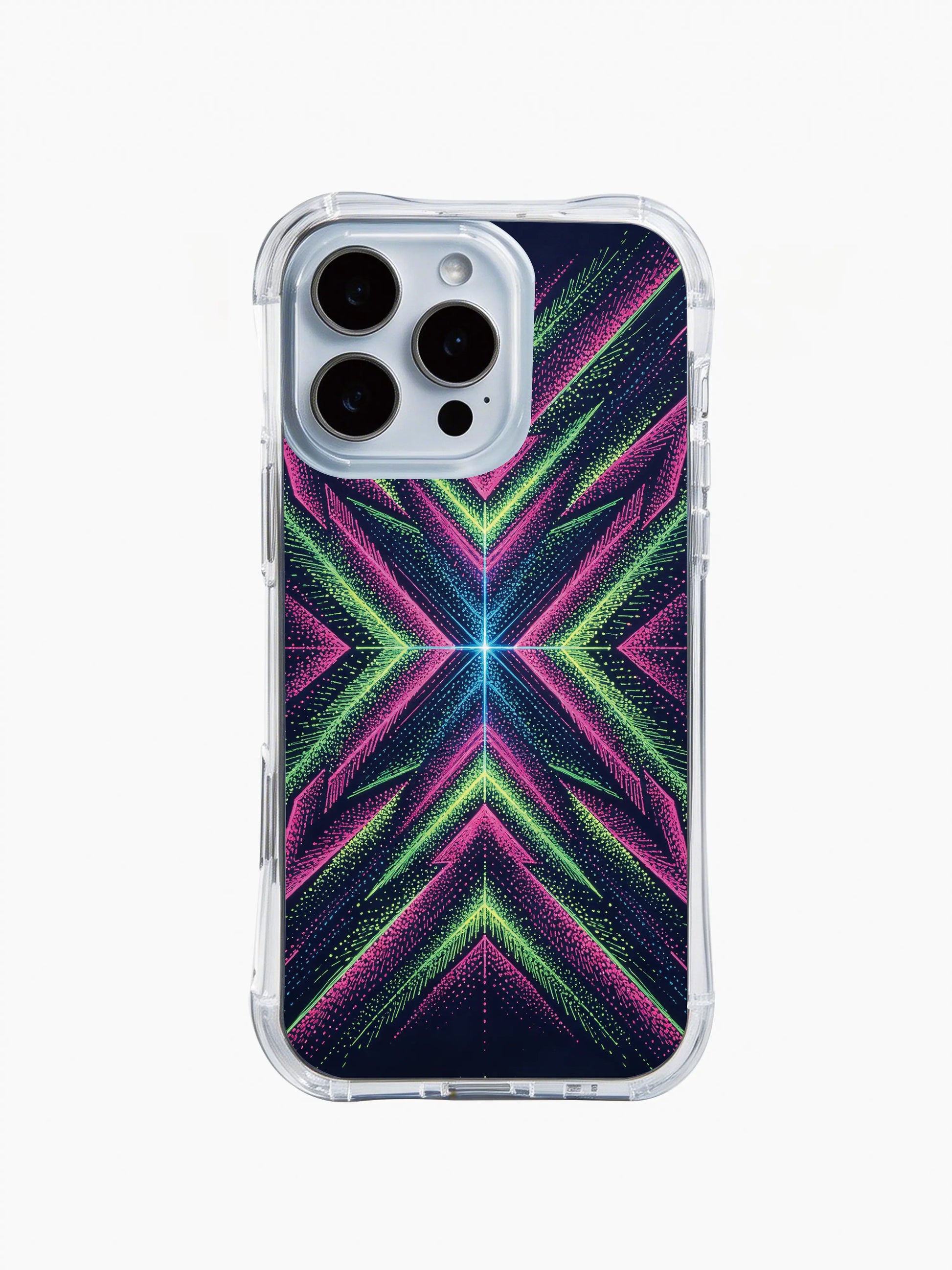PhoneCasing iPhone 14 Pro Max Case with a dark cosmic neon pattern, shock-absorbent clear case with tribal-inspired starburst details.