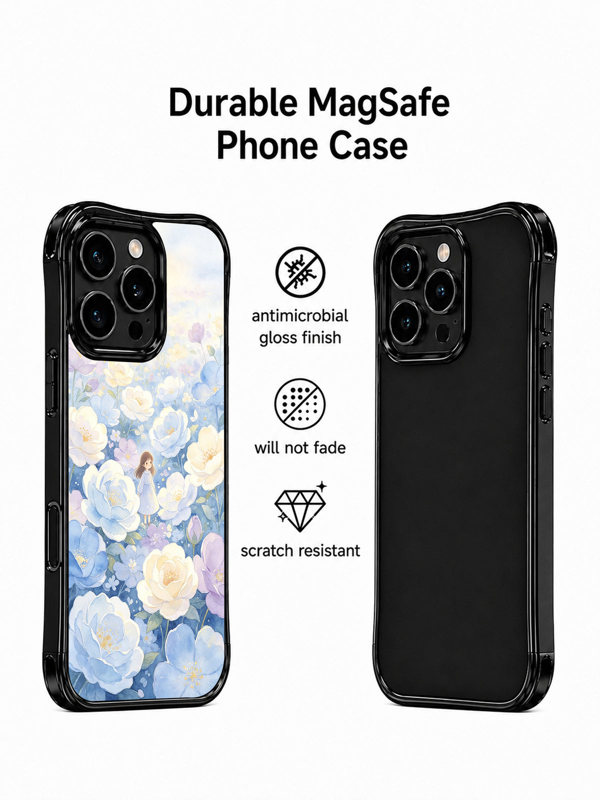 Dawn in the Blossom Sea: Tanıtım düzeninde desenli kılıf ve ikinci arka telefon görünümü.