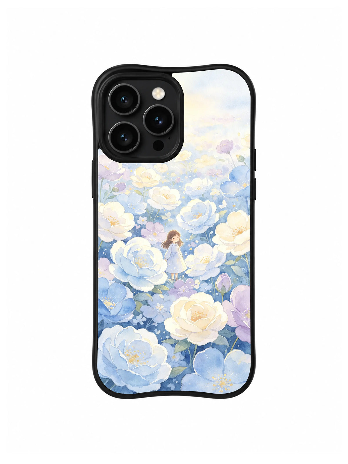 Dawn in the Blossom Sea / Ivory Dawn Courage: Mavi ve fildişi çiçekler arasında küçük figür; ön planda iri açık mavi çiçekler.