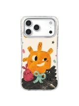 Orange daybreak sun character with fuchsia folded companion and seafoam ribbon friend