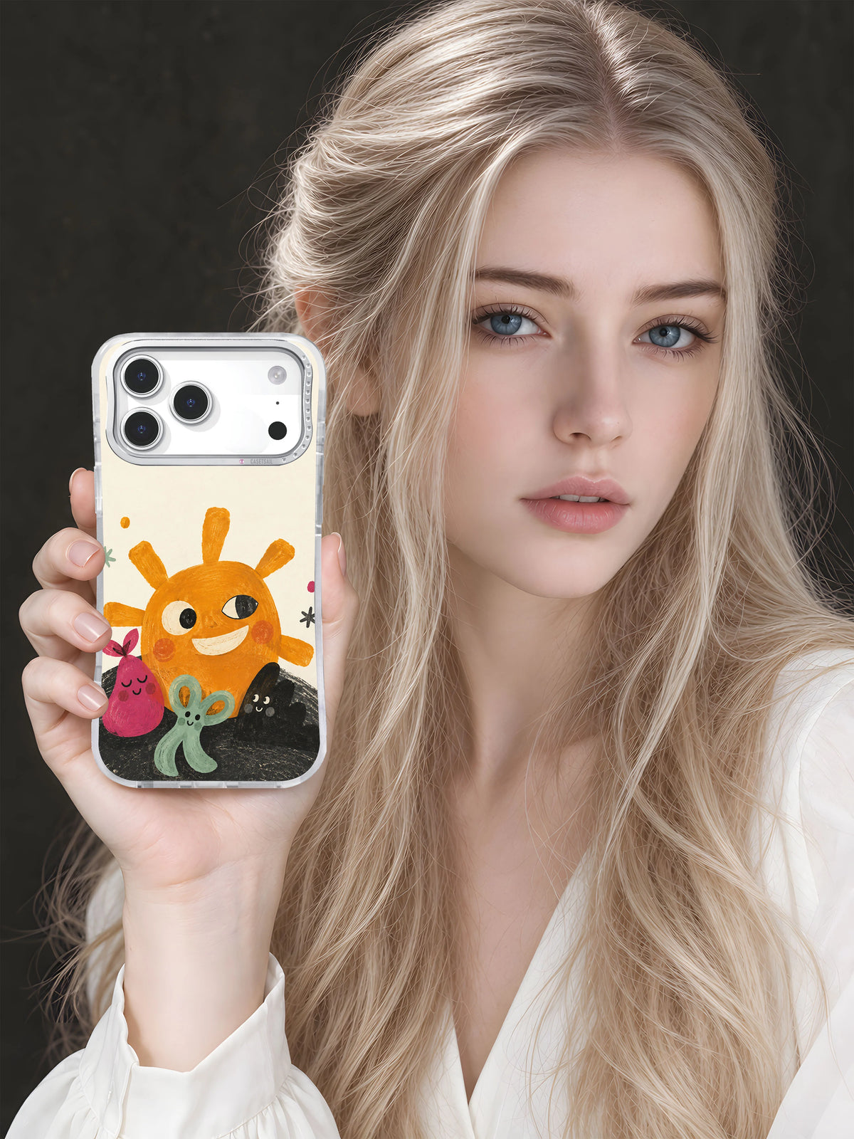 Lifestyle portrait holding daybreak character phone case