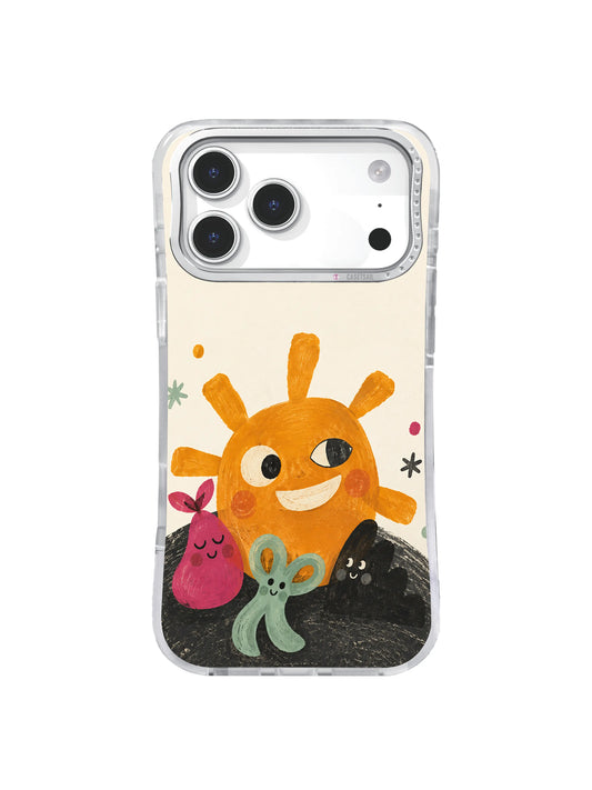 Saffron orange sun-face creature and colorful friends on warm ivory for The Last Laugh at Daybreak iPhone 17 Pro Max Case