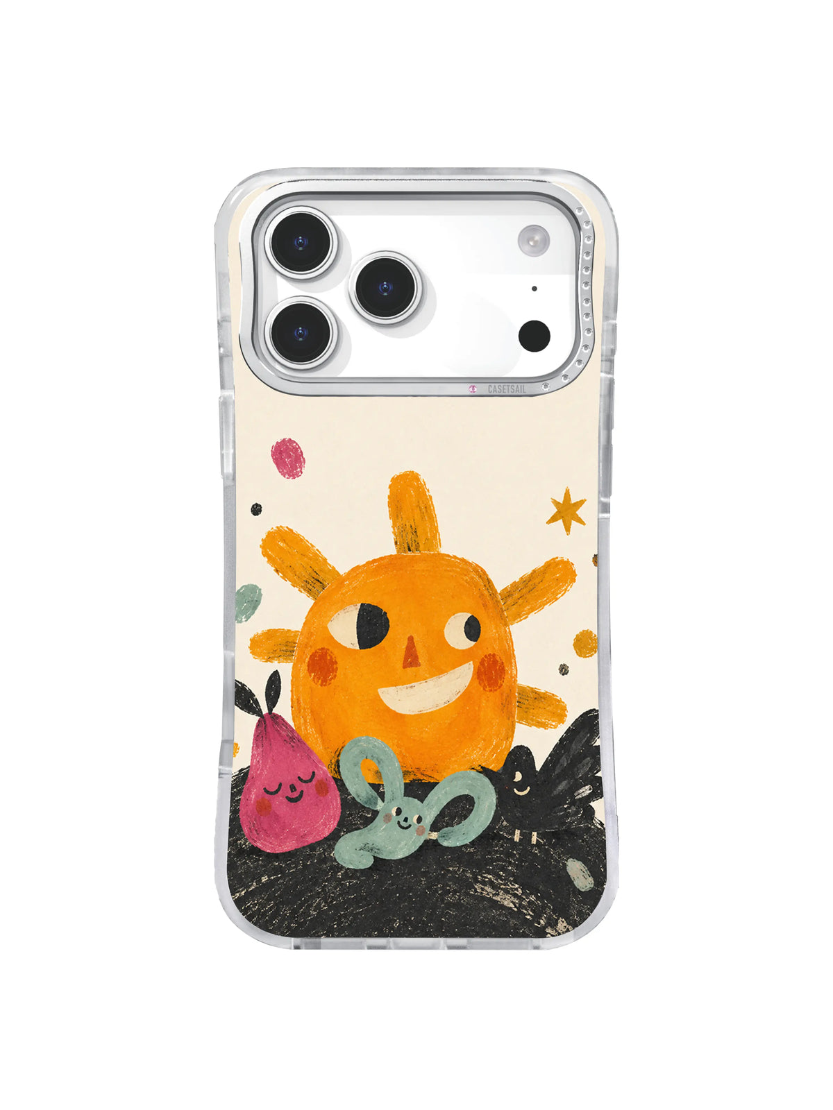 Orange sun-face with charcoal stepped-wing friend and scattered paint chips