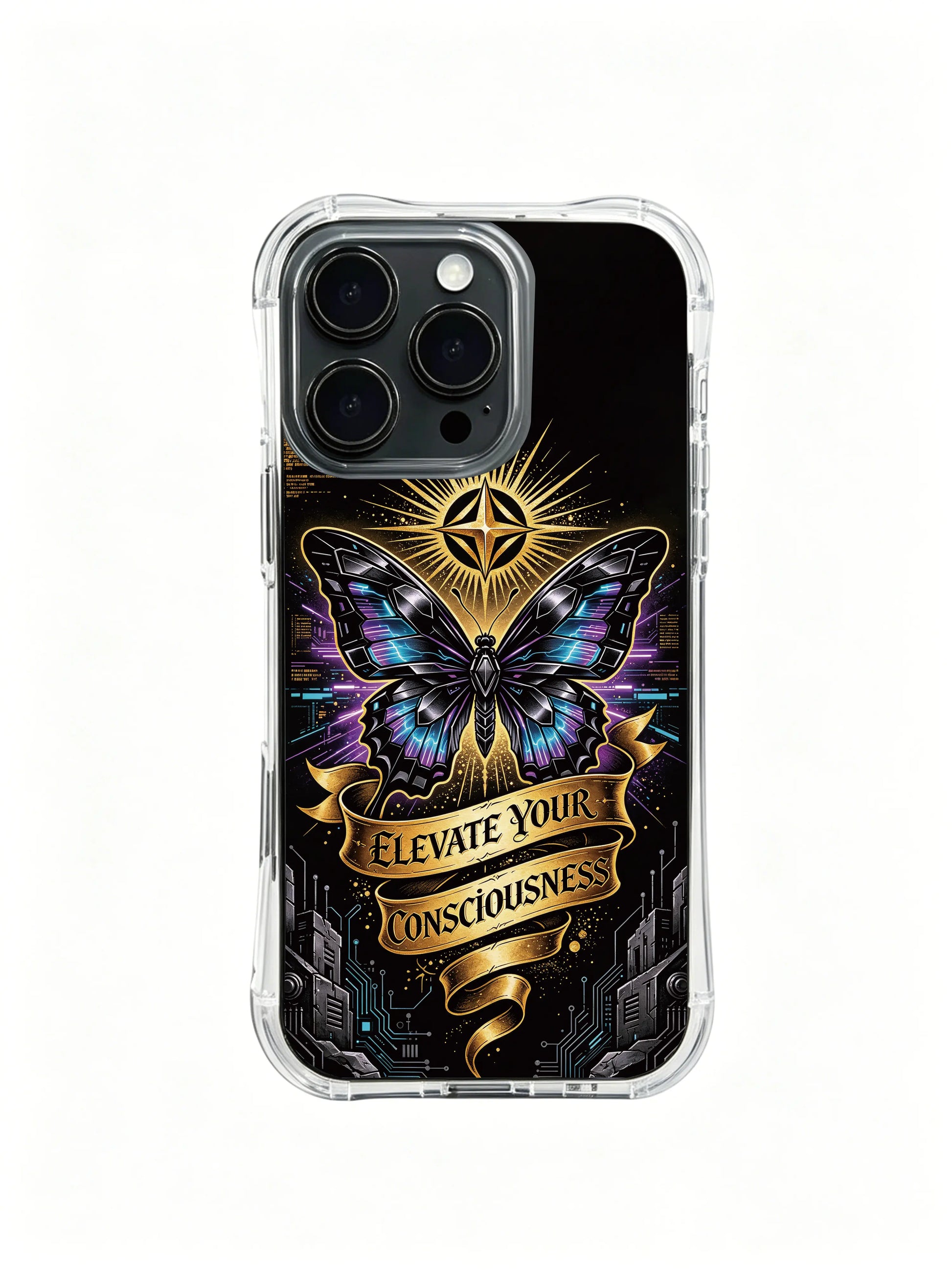Deconstructed obsidian armor wing style PhoneCasing, aesthetic iPhone 14 Plus Case with futuristic dark tone, comfortable non-slip grip phone cover