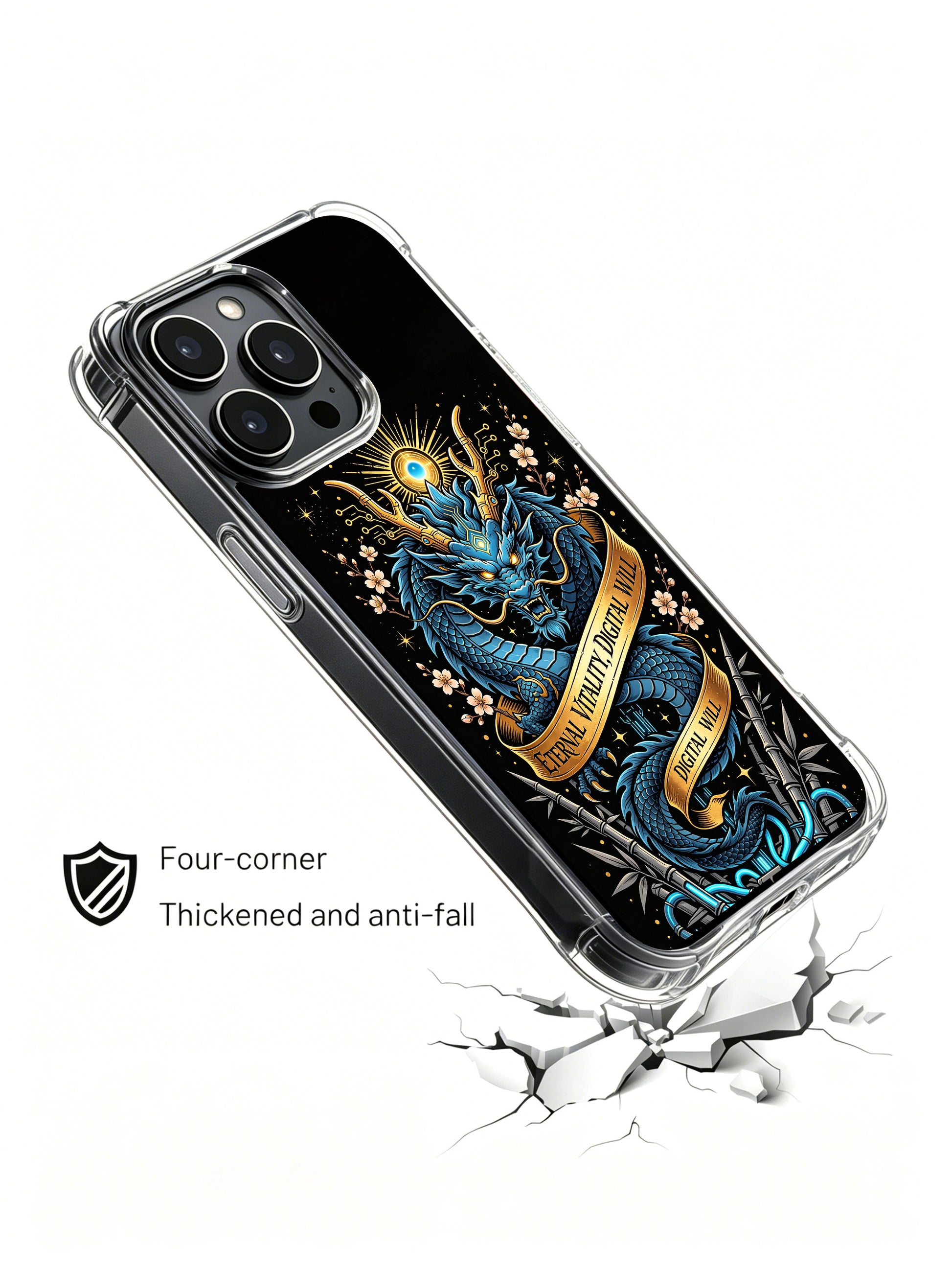 Dark blue obsidian armored cyber dragon design PhoneCasing, premium iPhone 14 Plus Case, shockproof full coverage protective phone casing.