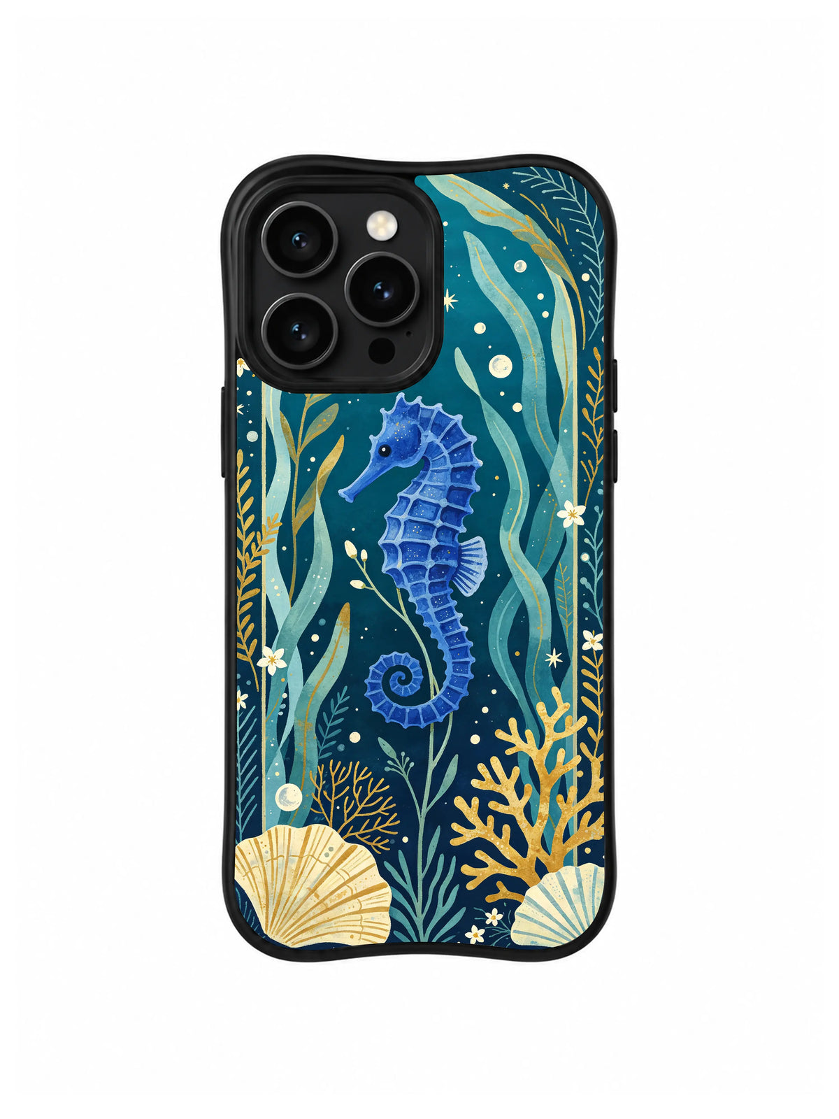 Deep Sea Cobalt Seahorse: Mavi denizatı uzun deniz çayırları, kabarcıklar, yıldızlar ve altın mercan arasında durur.
