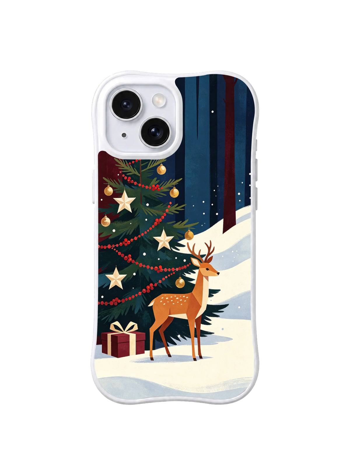 Caramel deer beside a cranberry Christmas tree iPhone 14 case, pattern one