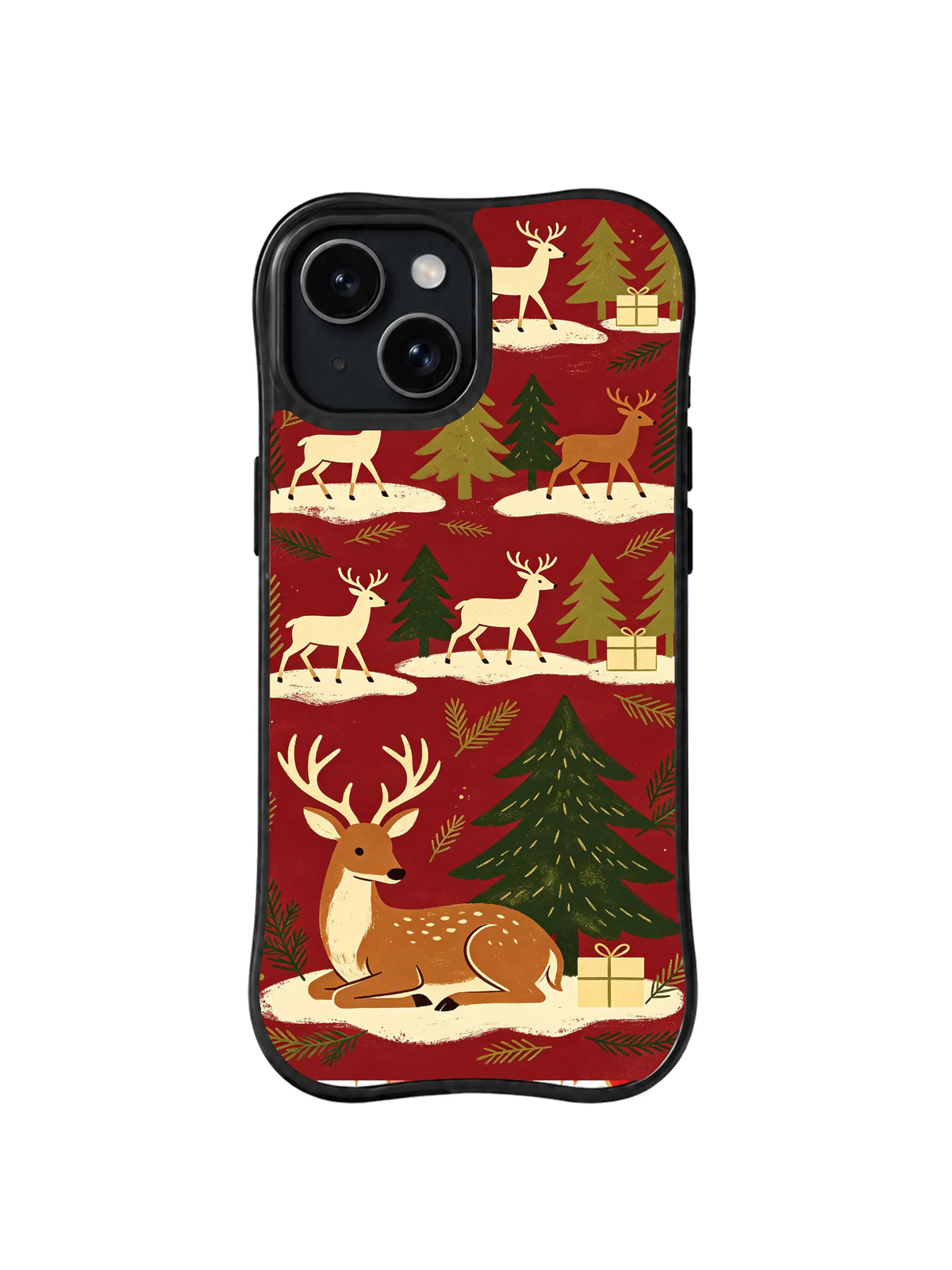 Deer Through December iPhone 15 case with resting deer beside fir and parcel