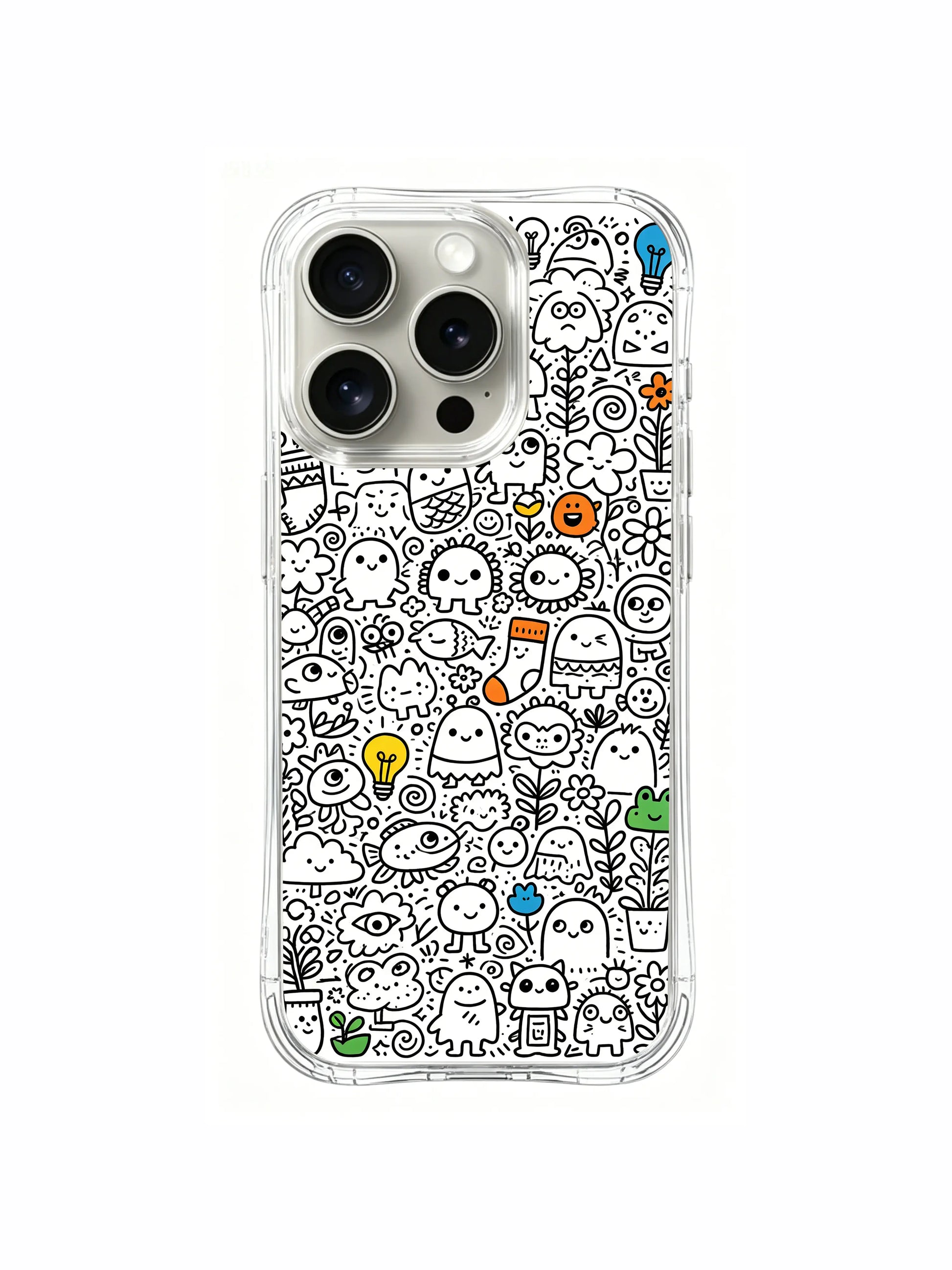 Dense full-bleed crowded creature doodle design iPhone 16 pro Case, premium durable phone casing crafted by PhoneCasing, unique aesthetic gift-ready art phone cover for women.