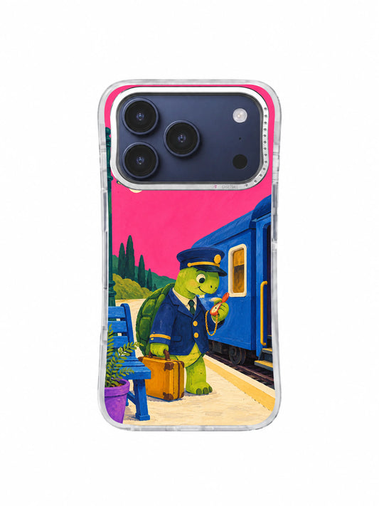 Lime-green turtle conductor checking the cobalt train before departure on an iPhone 17 Pro case