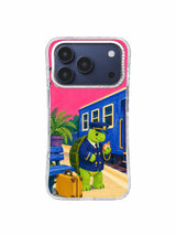 Turtle conductor waving beside a ready blue train on an iPhone 17 Pro case