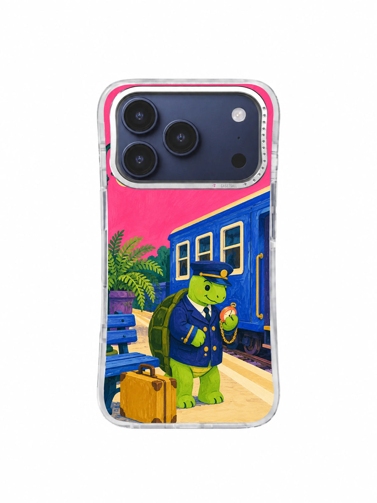 Turtle conductor waving beside a ready blue train on an iPhone 17 Pro case