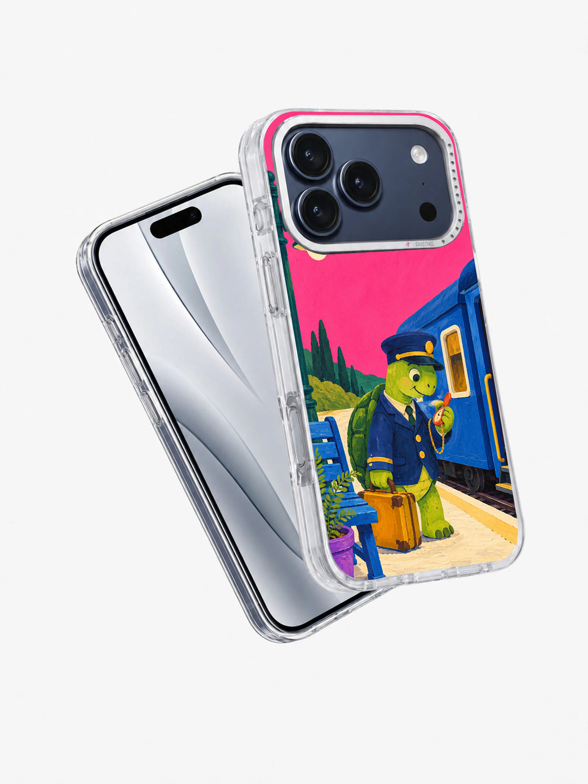 Angled transparent iPhone 17 Pro case with the Five Minutes to Departure artwork