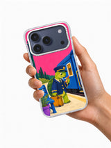 Hand holding a transparent iPhone 17 Pro case with the turtle train conductor artwork