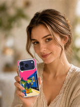 Lifestyle view of the Five Minutes to Departure turtle artwork on a transparent iPhone 17 Pro case