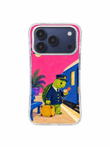 Turtle conductor checking a coral pocket watch beside a cobalt train on an iPhone 17 Pro case