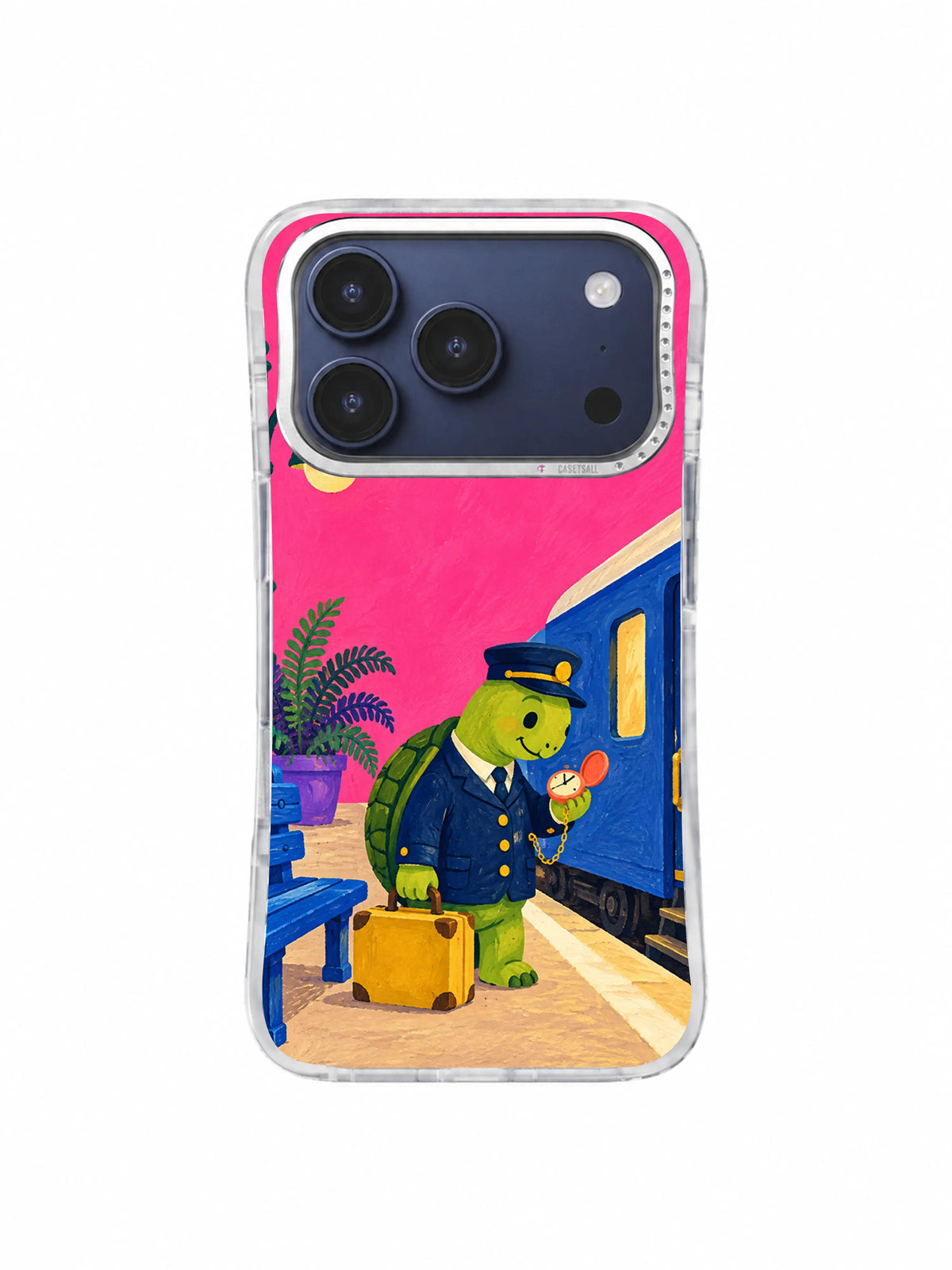 Turtle conductor checking a coral pocket watch beside a cobalt train on an iPhone 17 Pro case