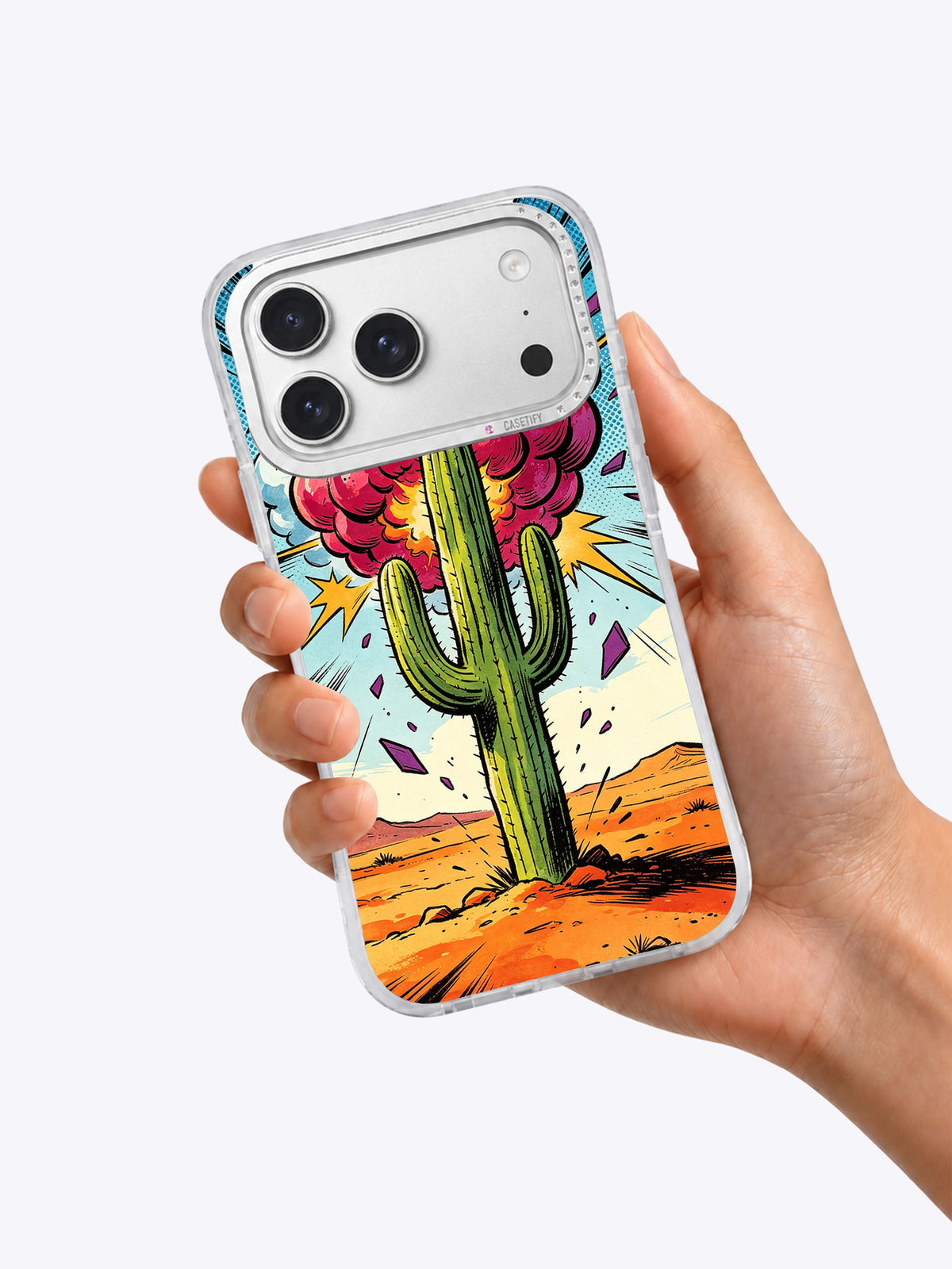 Desert Cactus Crash iPhone case shown in hand