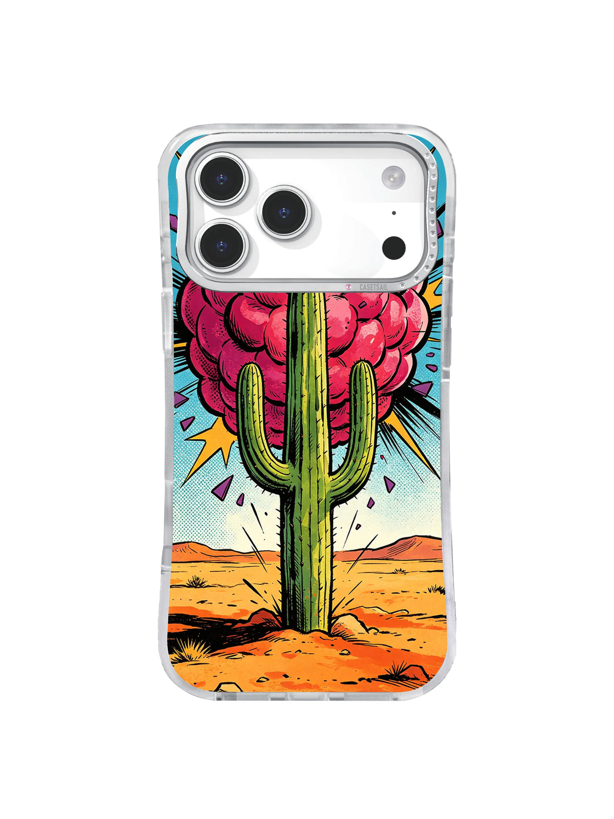 Desert Cactus Crash mustard starburst cactus hero artwork on an iPhone case