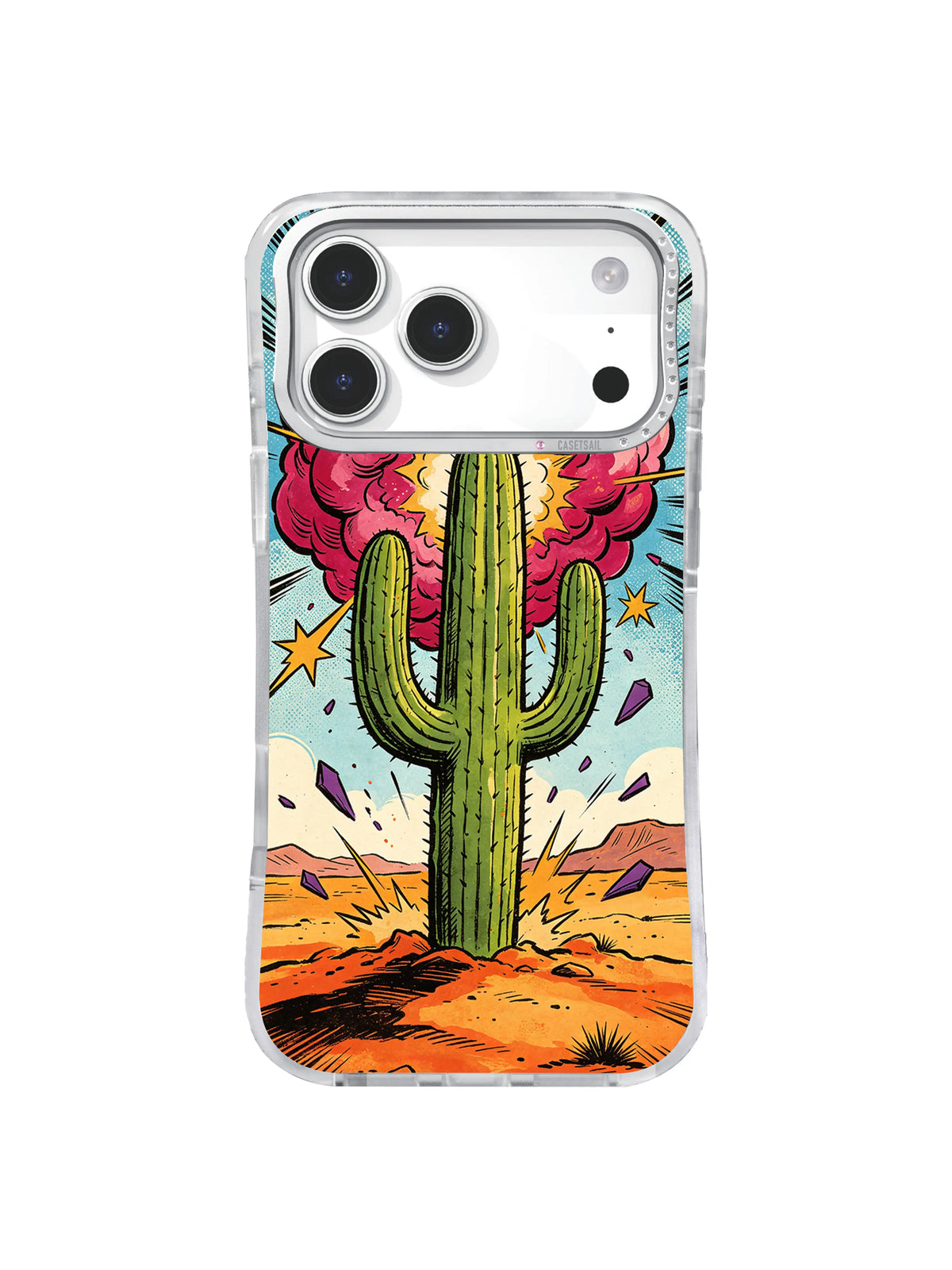 Desert Cactus Crash burnt orange rooted saguaro artwork on an iPhone case