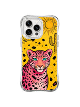 Small pink cheetah portrait with sun cactus and scattered black marks on clear iPhone 13 Pro Max case
